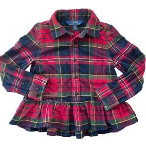 Ralph Lauren Girls Red Plaid Button Down Long Sleeve Peplum Blouse 4T Toddler